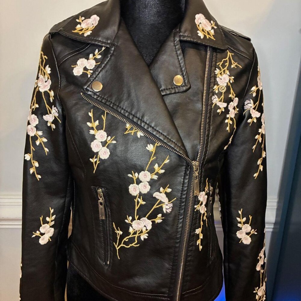 Women's Faux Motorcycle Jacket, XS, Black with Cherry Blossoms